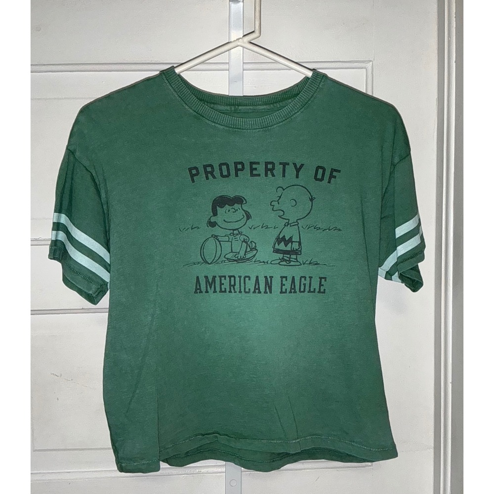 American Eagle Peanuts Charlie Brown Lucy Graphic T-Shirt XS Green Cotton Stripe